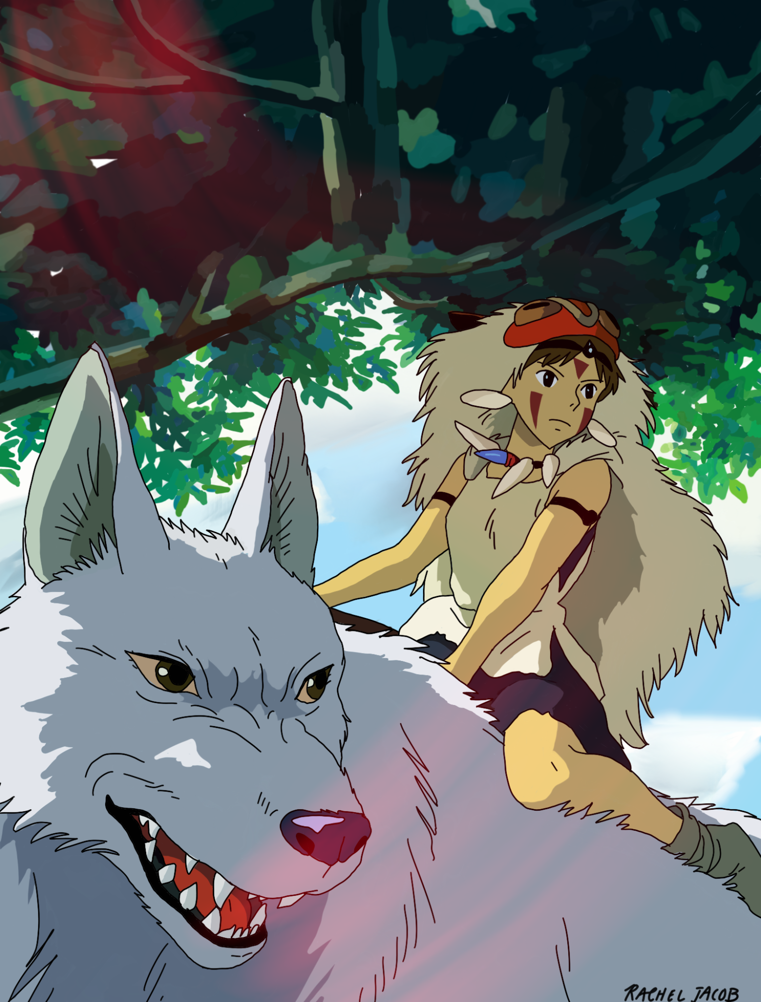 This is an artwork produced by a human in the style of Studio Ghibli's "Princess Mononoke." New AI models have recently developed the capacity to imitate this style. 
