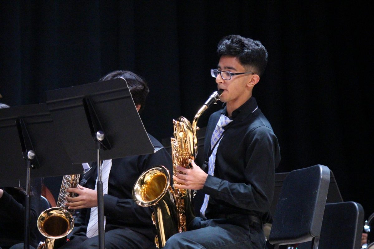 Baritone saxophonist Aarush Chowdhery executes his improvised solo.